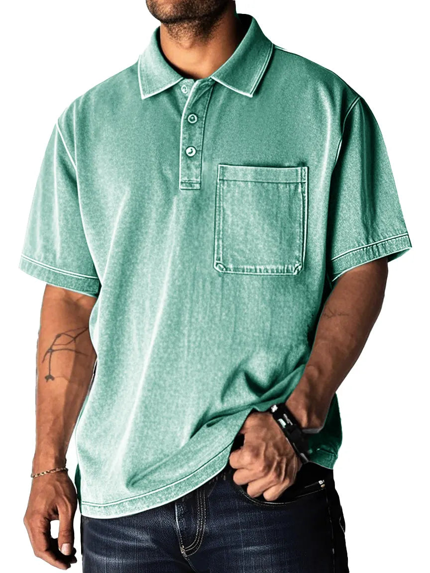 Men's Fashion Retro Distressed Pocket Short Sleeve Lapel Polo Shirt