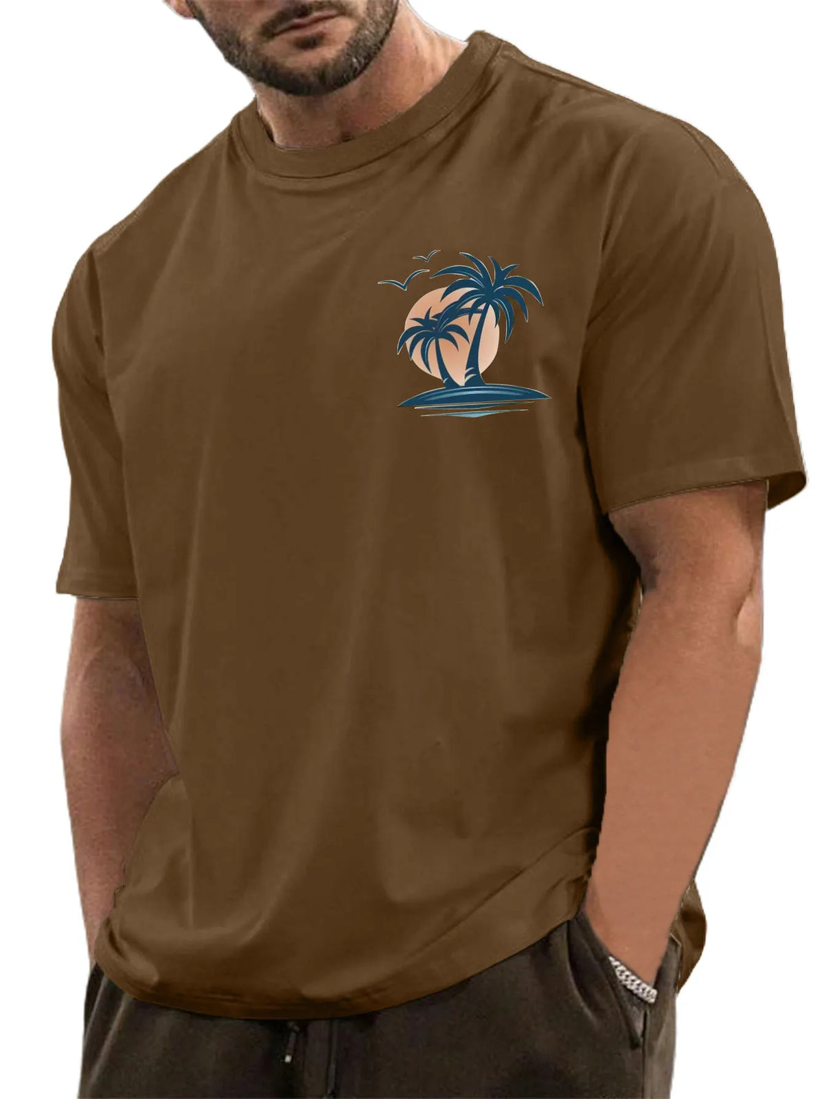 Men's Cotton Basic Casual Palm Tree Print Comfortable Short-sleeved T-shirt