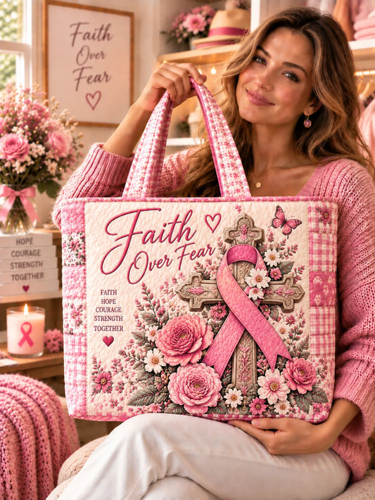 Faith Over Fear Pink Ribbon Cross Floral Butterfly Patchwork Quilted Tote Bag