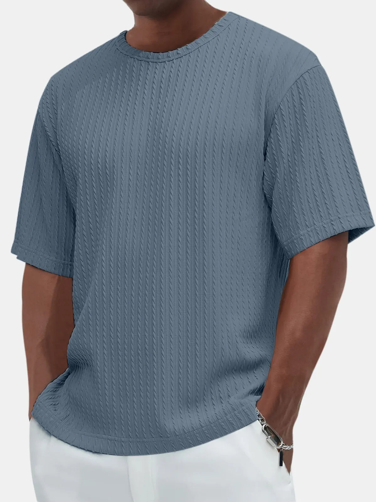 Men's Casual Solid Color Comfortable Daily Jacquard Texture Short-sleeved T-shirt
