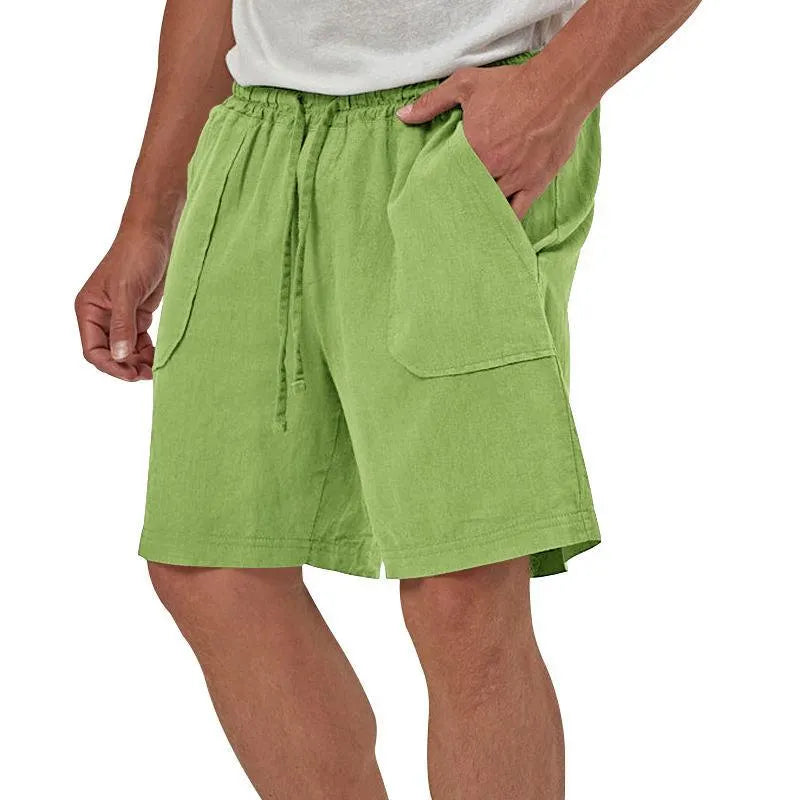 Men's Linen Casual Vacation Double Pocket Drawstring Elastic Waist Shorts Cropped Pants