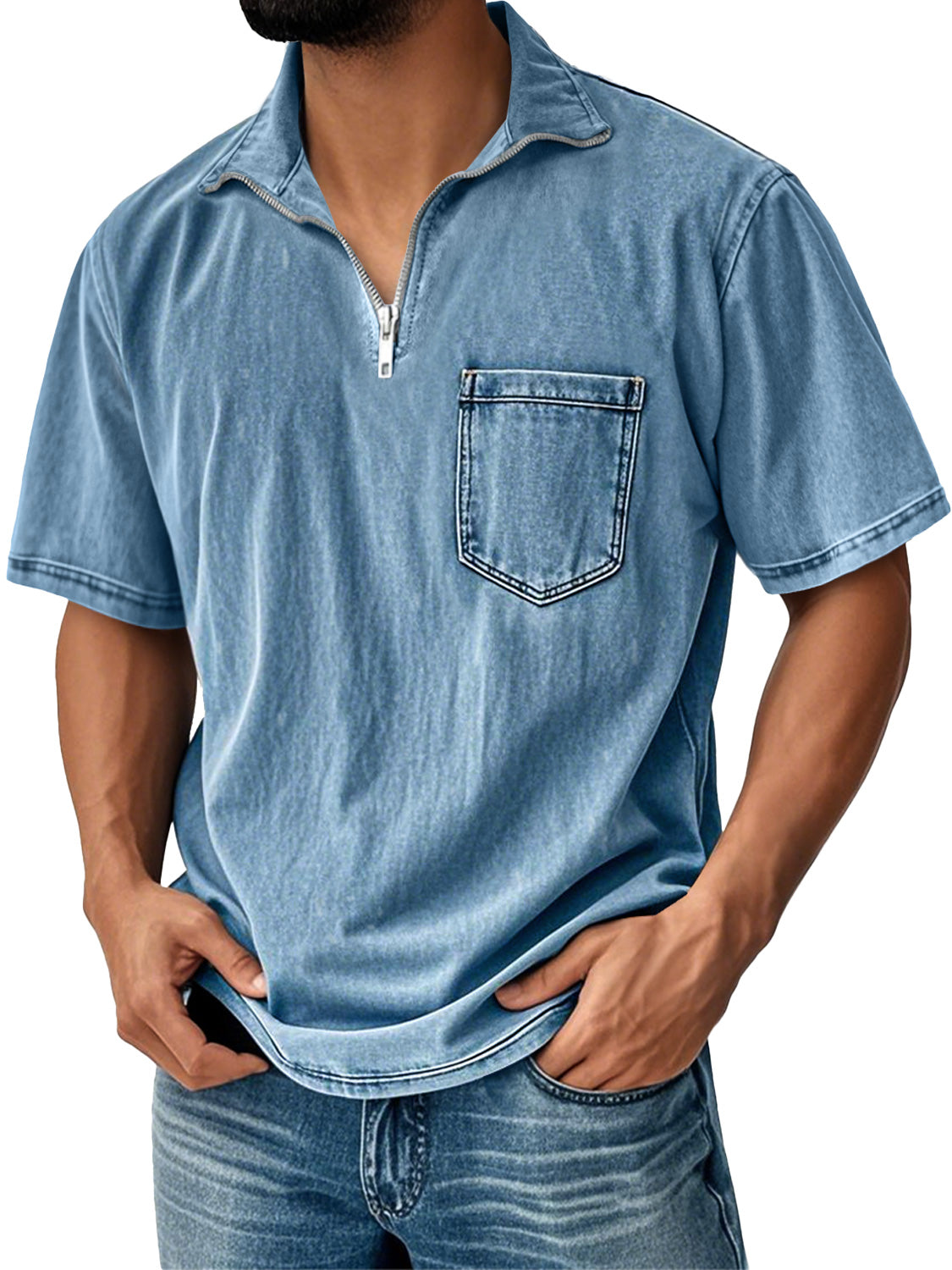 Men's Retro Daily Stand Collar Zipper Pocket Casual Short Sleeve T-shirt