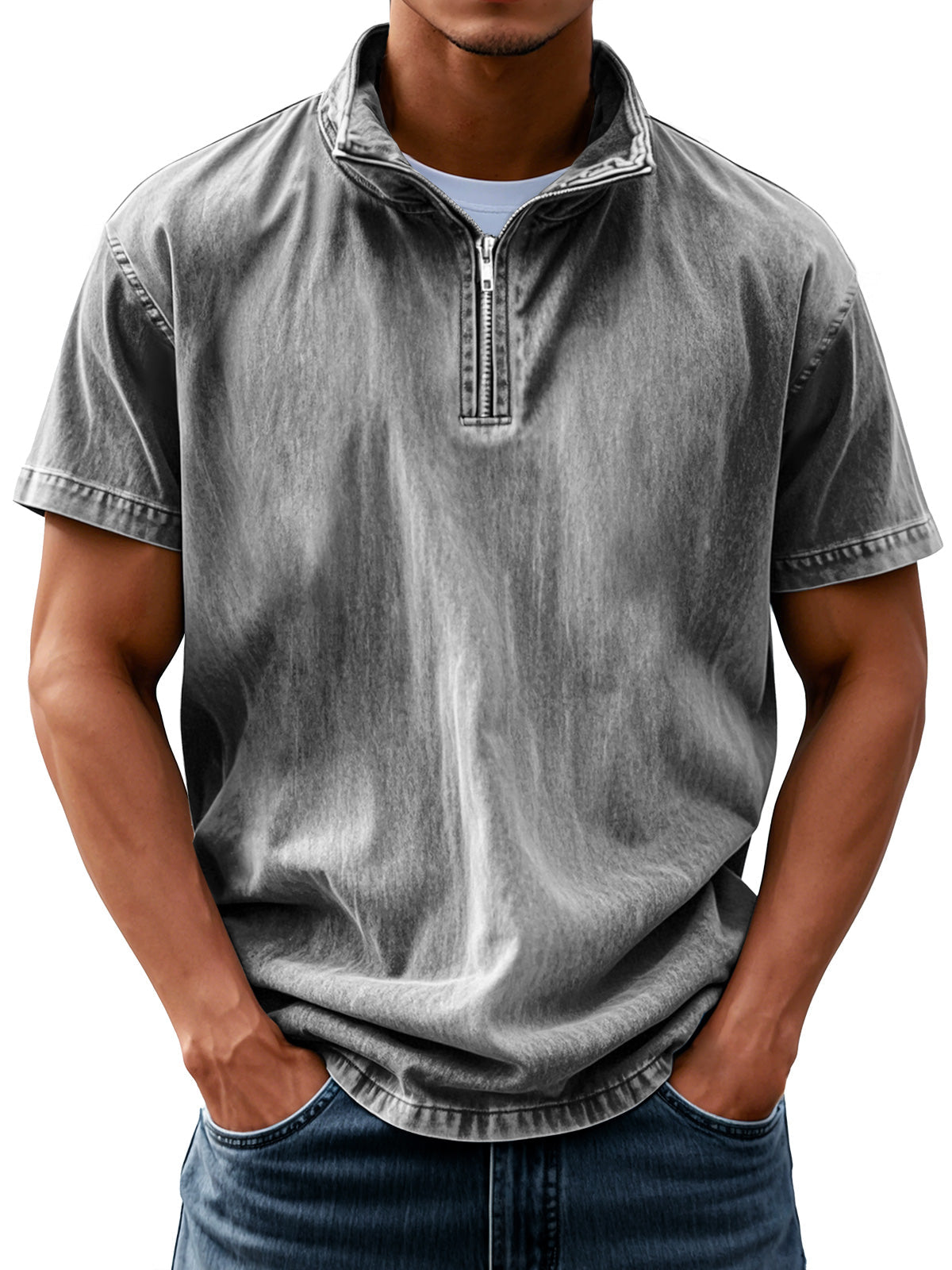 Men's Retro Everyday Stand Collar Zipper Solid Color Short Sleeve Shirt