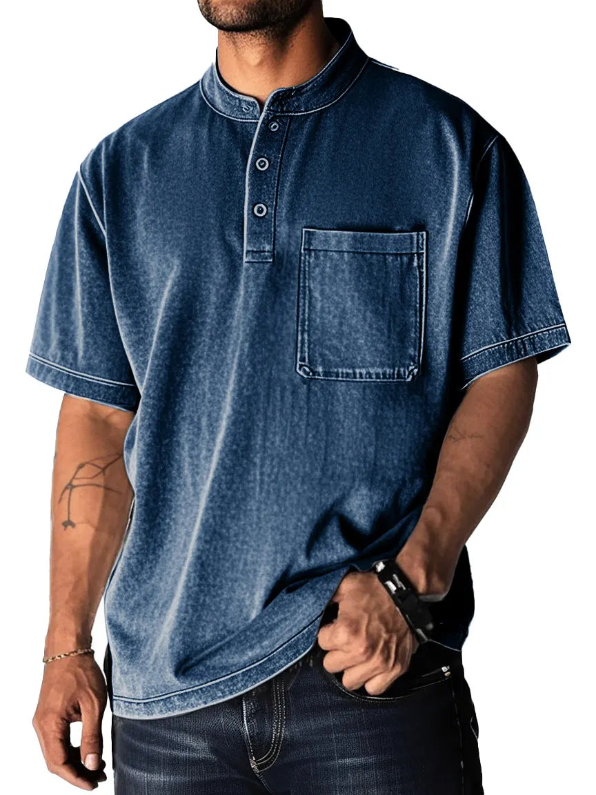 Men's Fashion Retro Distressed Pocket Short Sleeve Lapel Henley Shirt