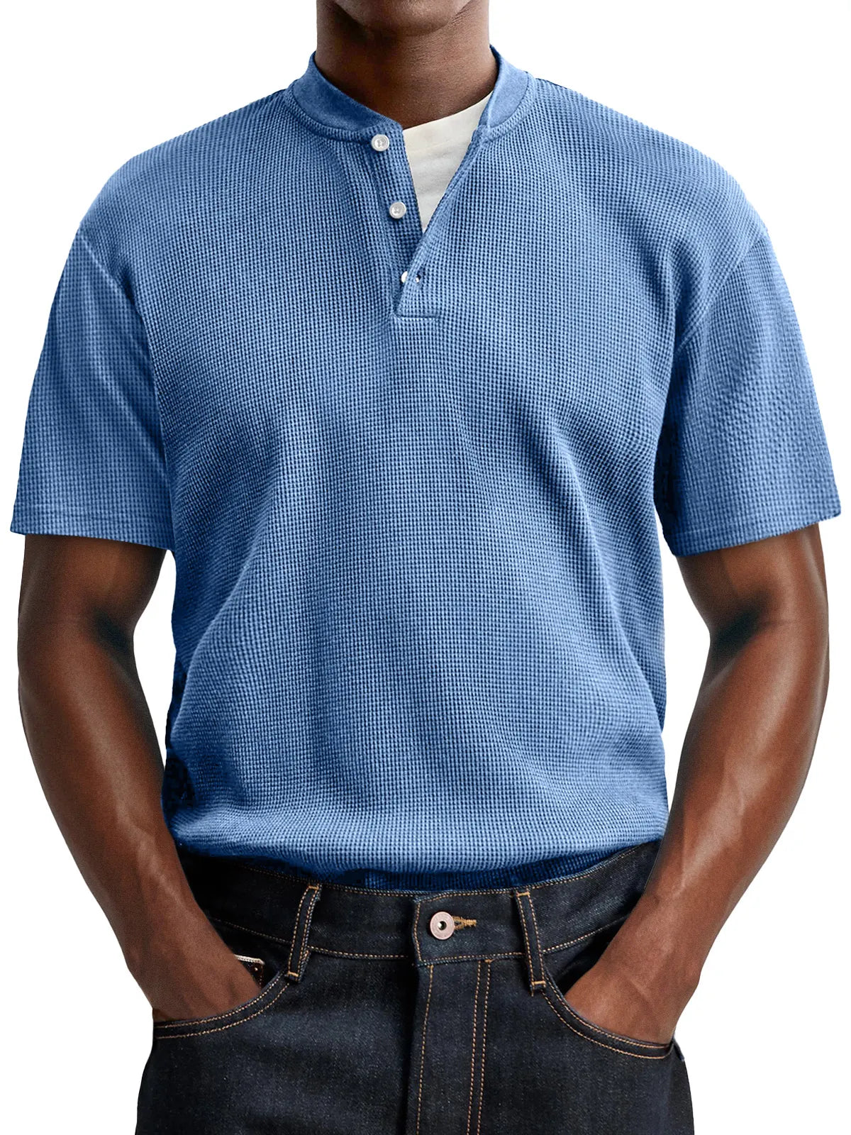 Men's Waffle Casual Button Up Comfort Short Sleeve Henley