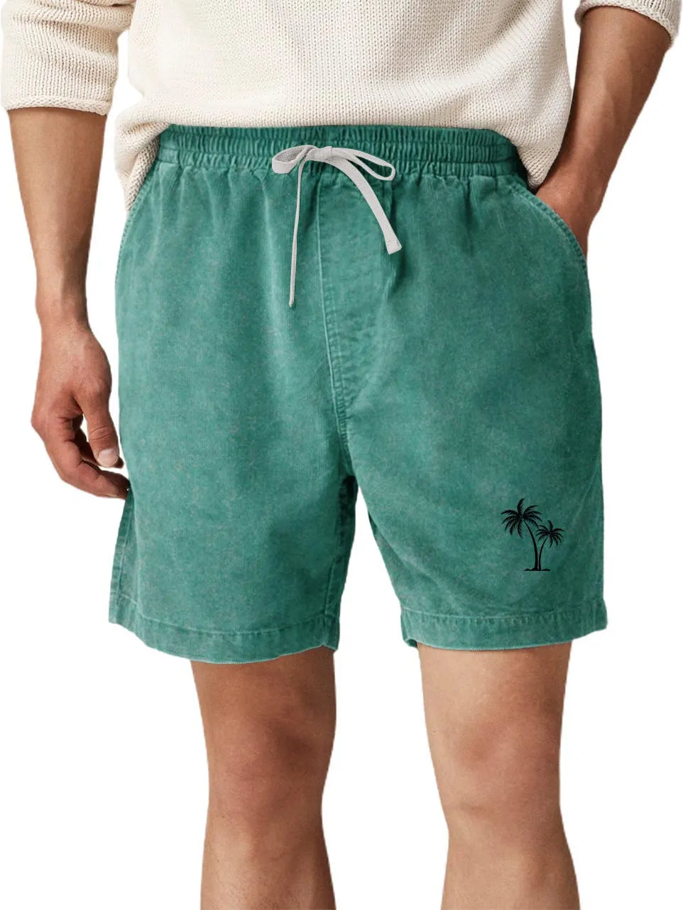 Men's Cotton Washed Water Distressed Wax Printed Pockets Palm Tree Printed Daily Shorts