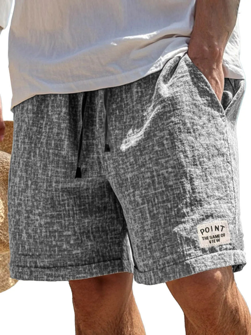 Men's Fashion Casual Hemp Fabric Pocket Embroidered Logo Shorts