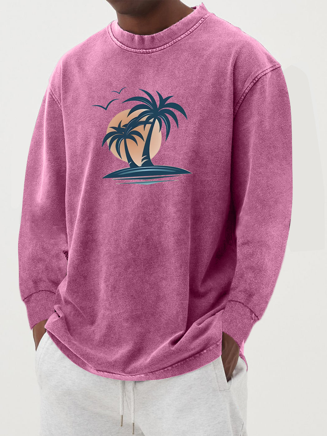 Men's Washed And Distressed 100% Palm Tree Print Long-sleeved T-shirt