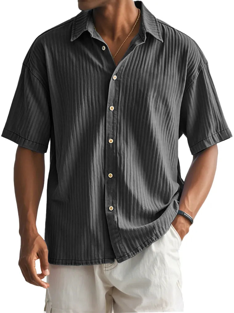 Men's Fashion Casual Ribbed Fabric Short-sleeved Lapel Shirt