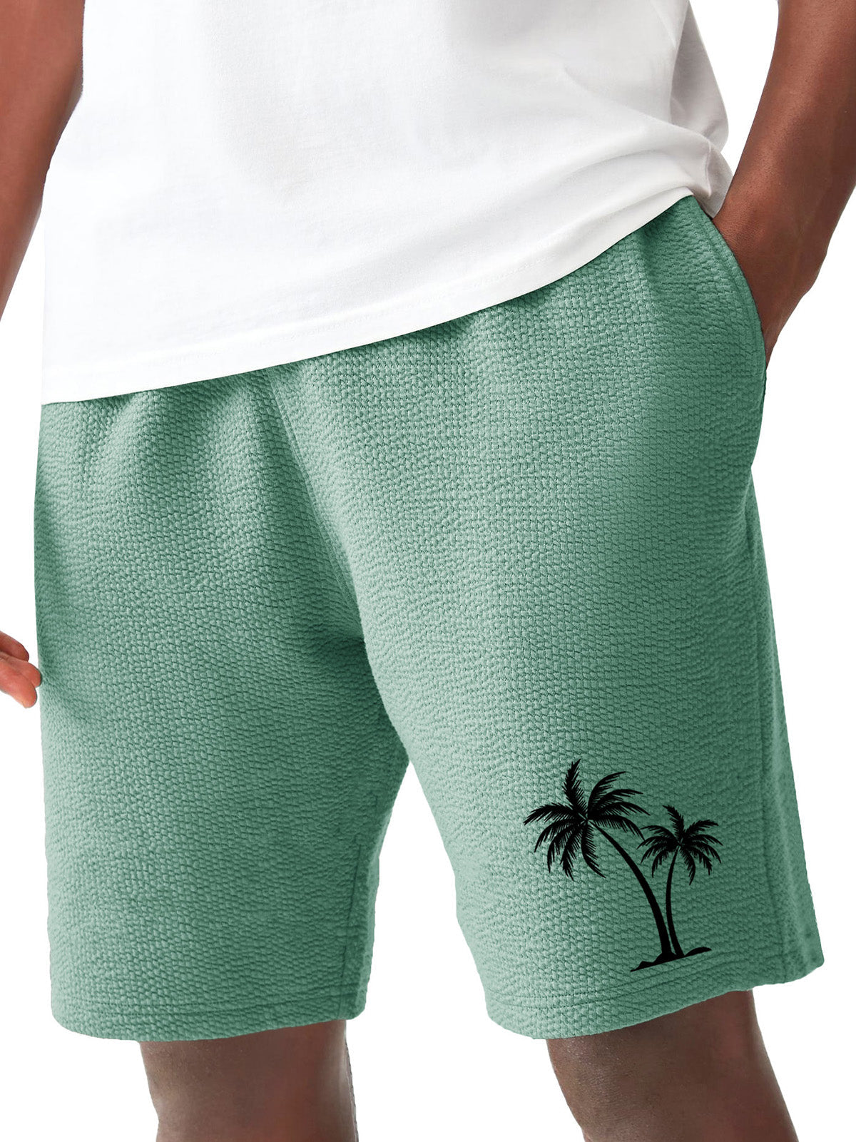 Men's Fashion Hawaiian Casual Coconut Palm Print Pleated Fabric Pocket Shorts
