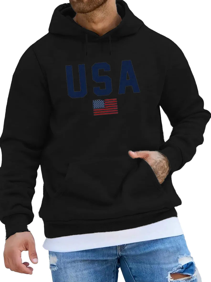 Men's Fashionable American Flag Print Pocket Long Sleeve Hoodie