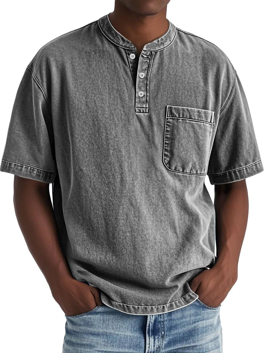 Men's Vintage Distressed Stand Collar Pocket Casual Short Sleeve Henley Shirt