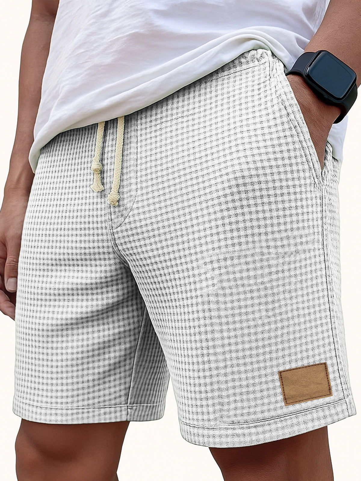 Men's Comfortable Waffle Vintage Embroidered Logo Casual Lace Up Loose Shorts
