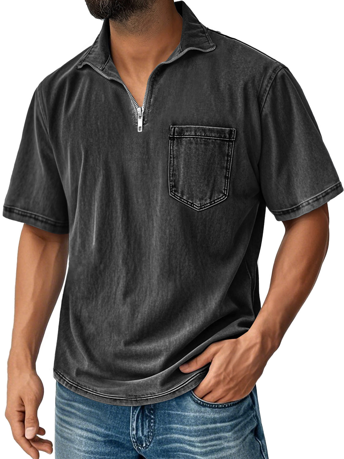Men's Retro Stand Collar Zipper Casual Pocket Comfortable Short Sleeve T-shirt