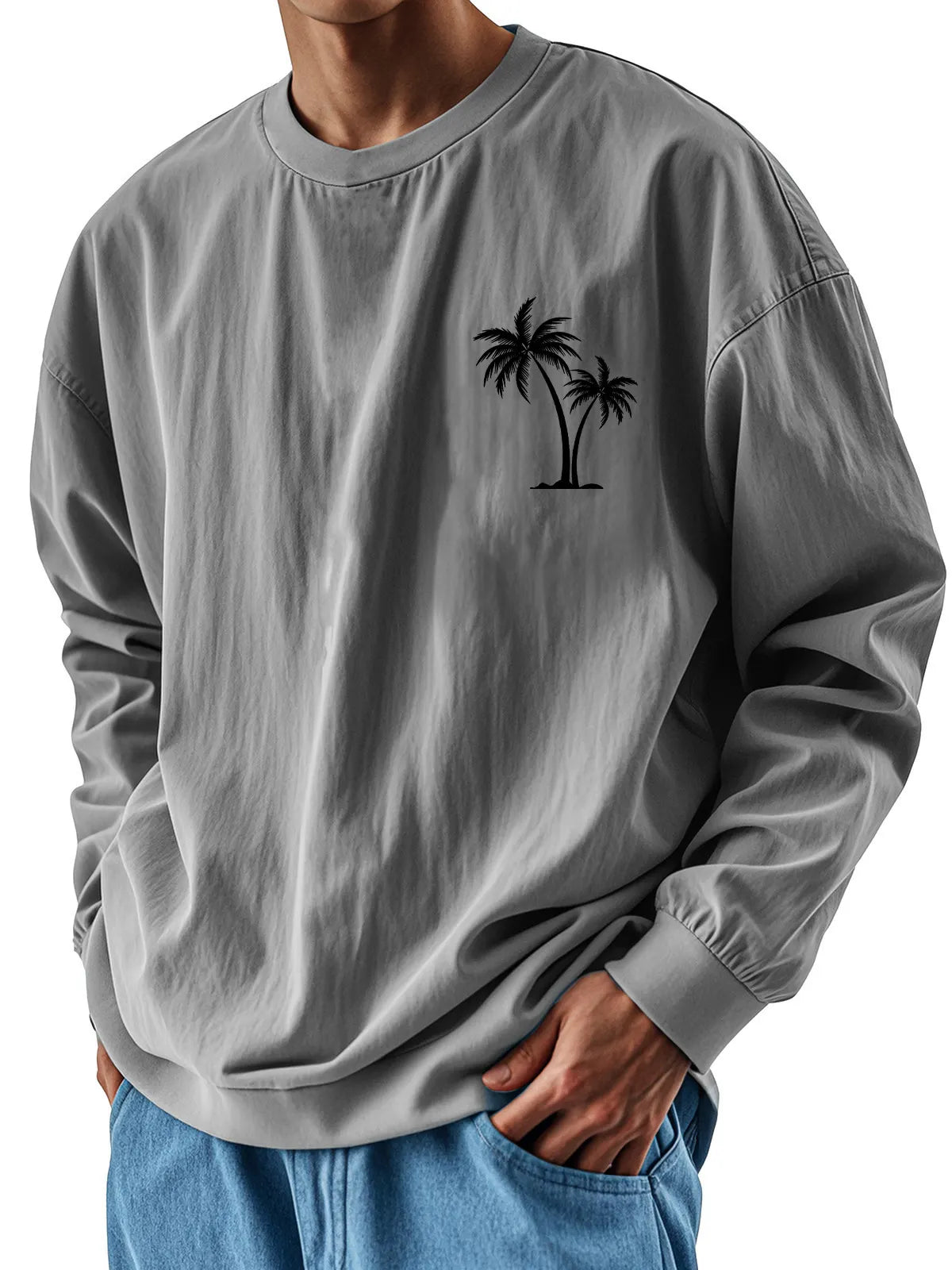 Men's Fashion Casual Round Neck Coconut Tree Print Long Sleeve T-shirt