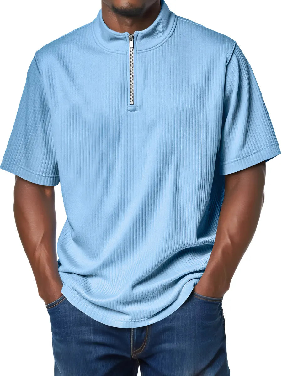 Men's Fashion Stand Collar Zipper Ribbed Texture Casual Comfort Short Sleeve T-shirt
