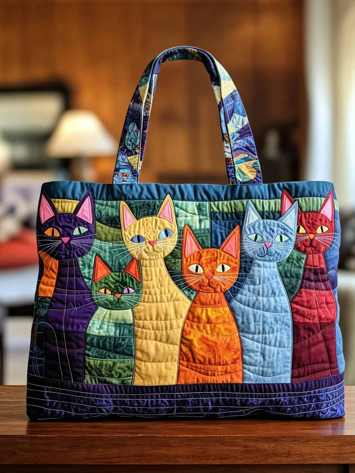 Colorful Whimsical Cat Quilted Tote Bag