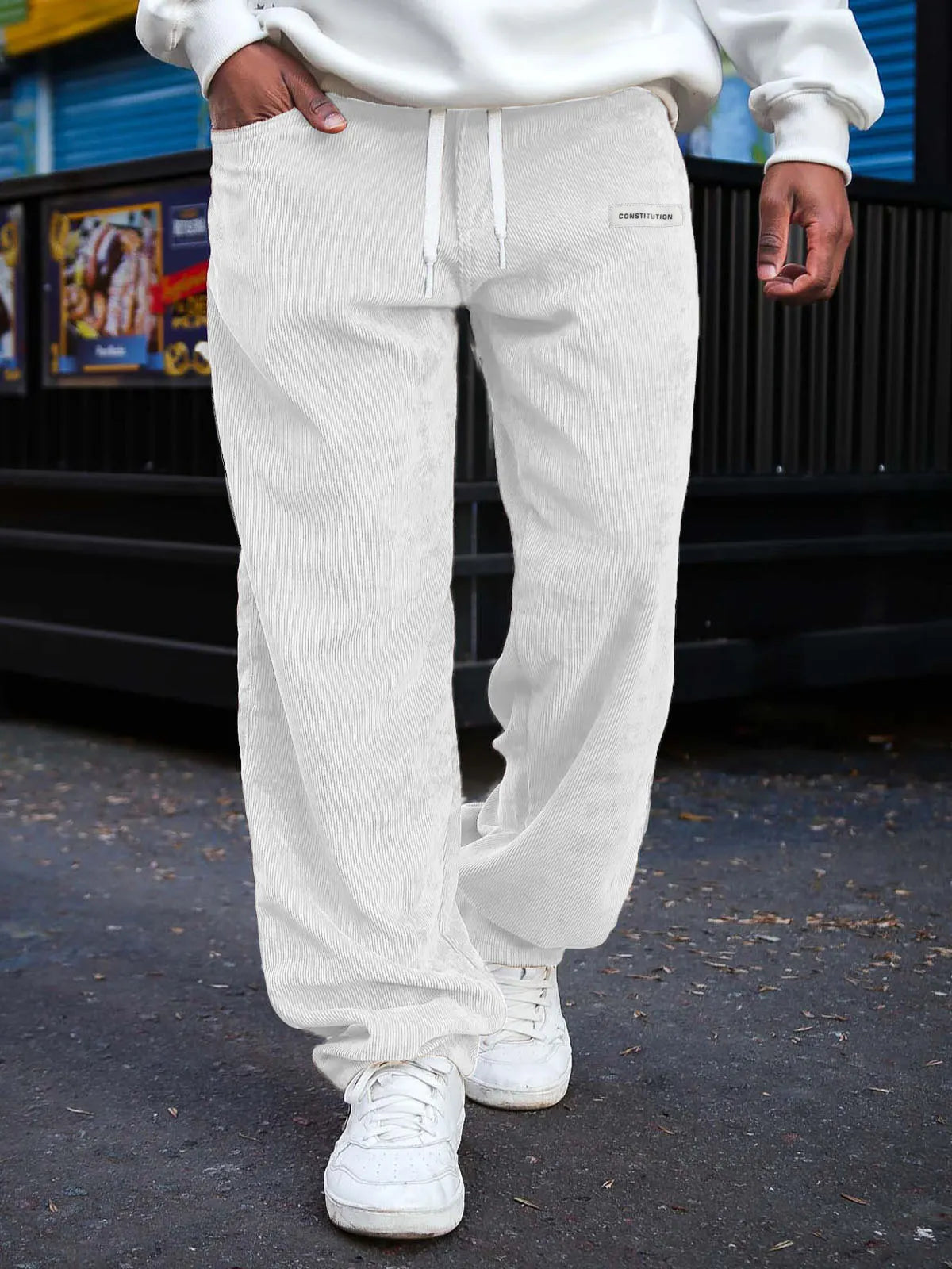 Men's Fashion Daily Corduroy Ribbed Fabric Embroidered Logo Elastic Waist Trousers