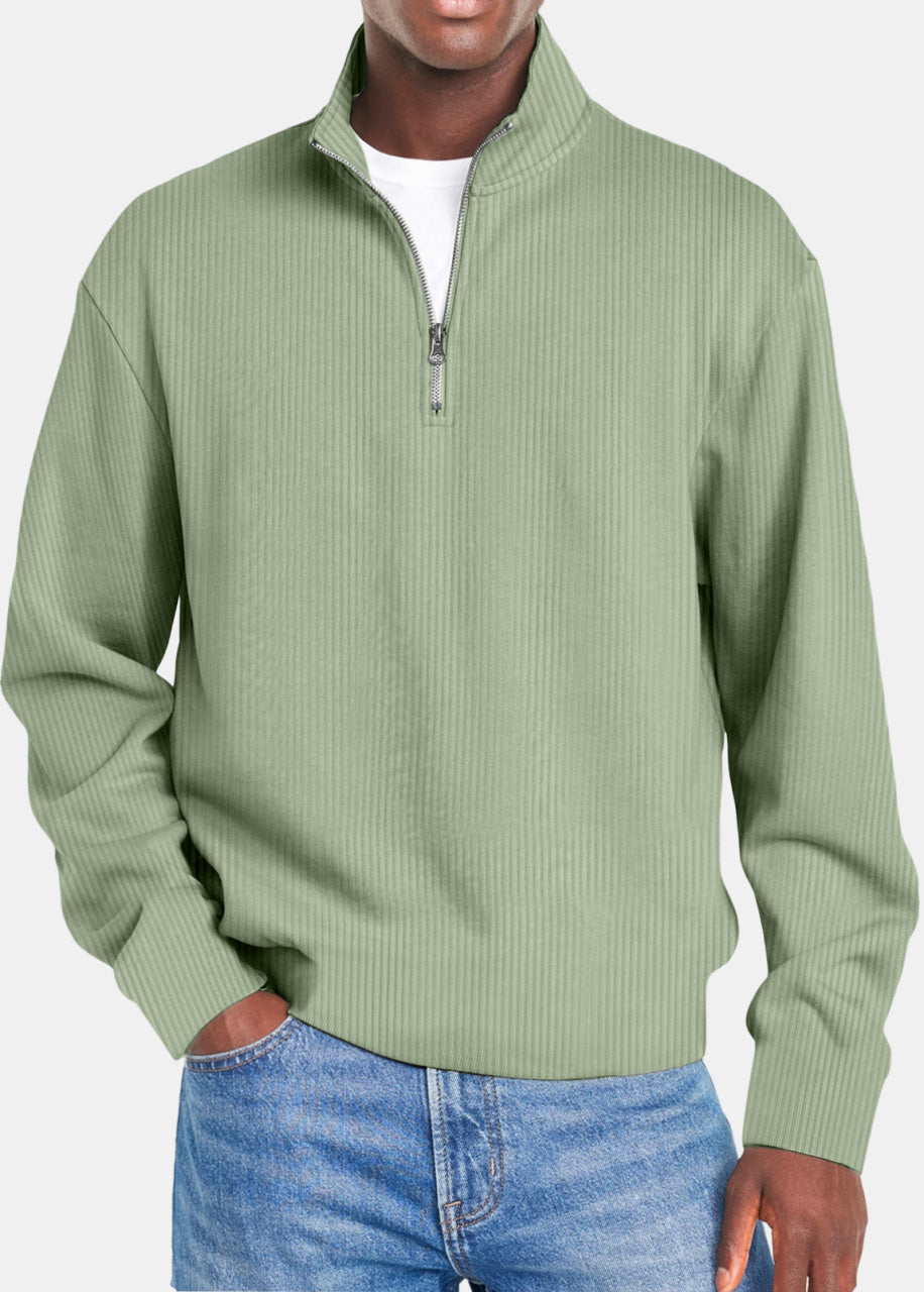 Men's Autumn and Winter Simple Vertical Strip Comfortable Zipper Long-sleeved Polo Shirt