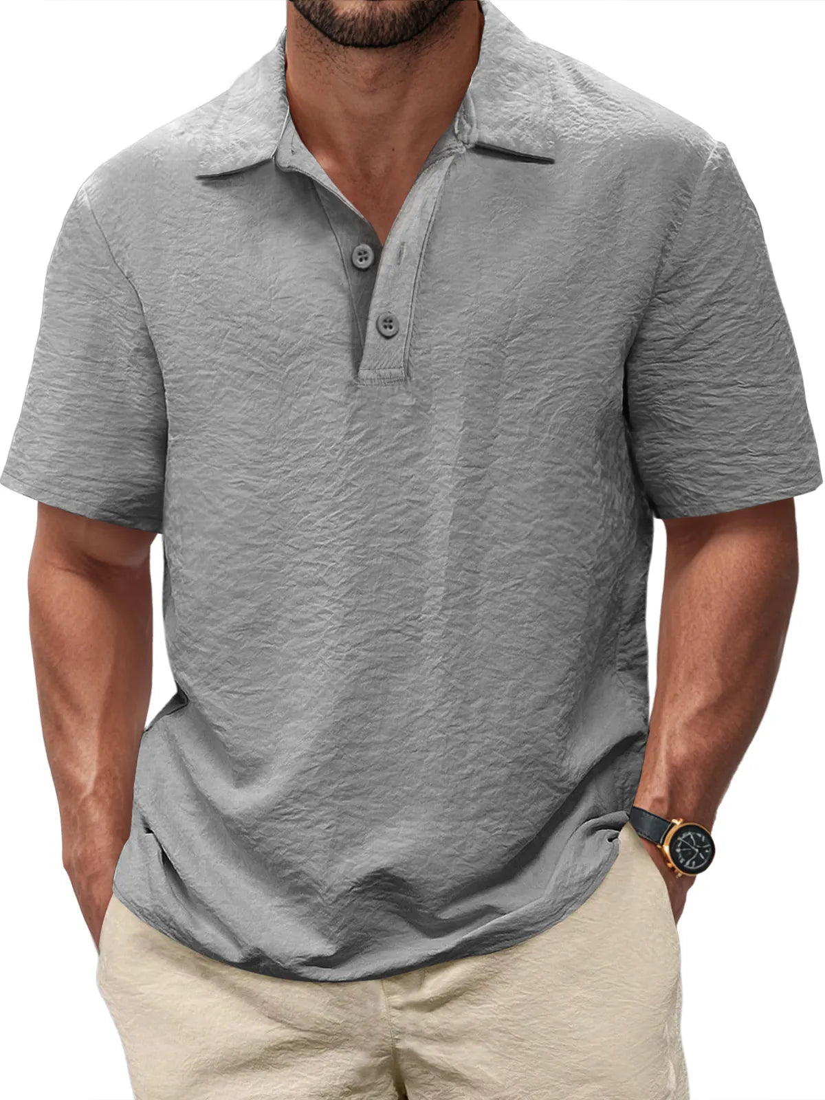 Men's Casual Pleated Texture Button Solid Color Short-sleeved Polo Shirt