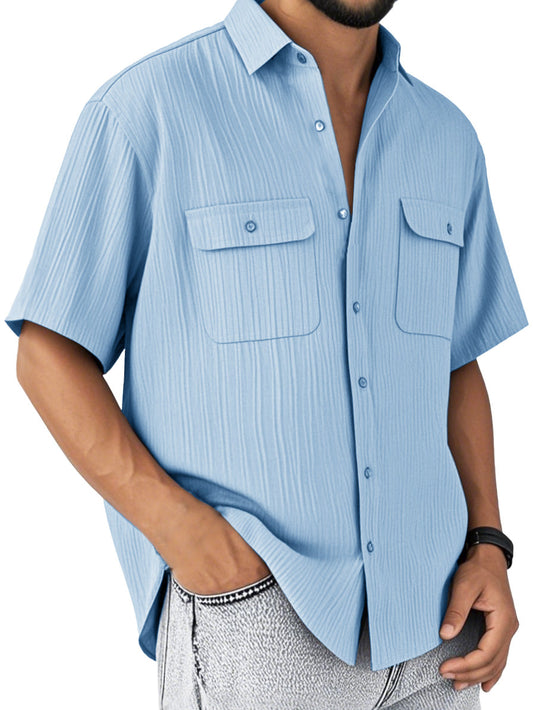 Men's Fashion Retro Double Pocket Lapel Short Sleeve Shirt