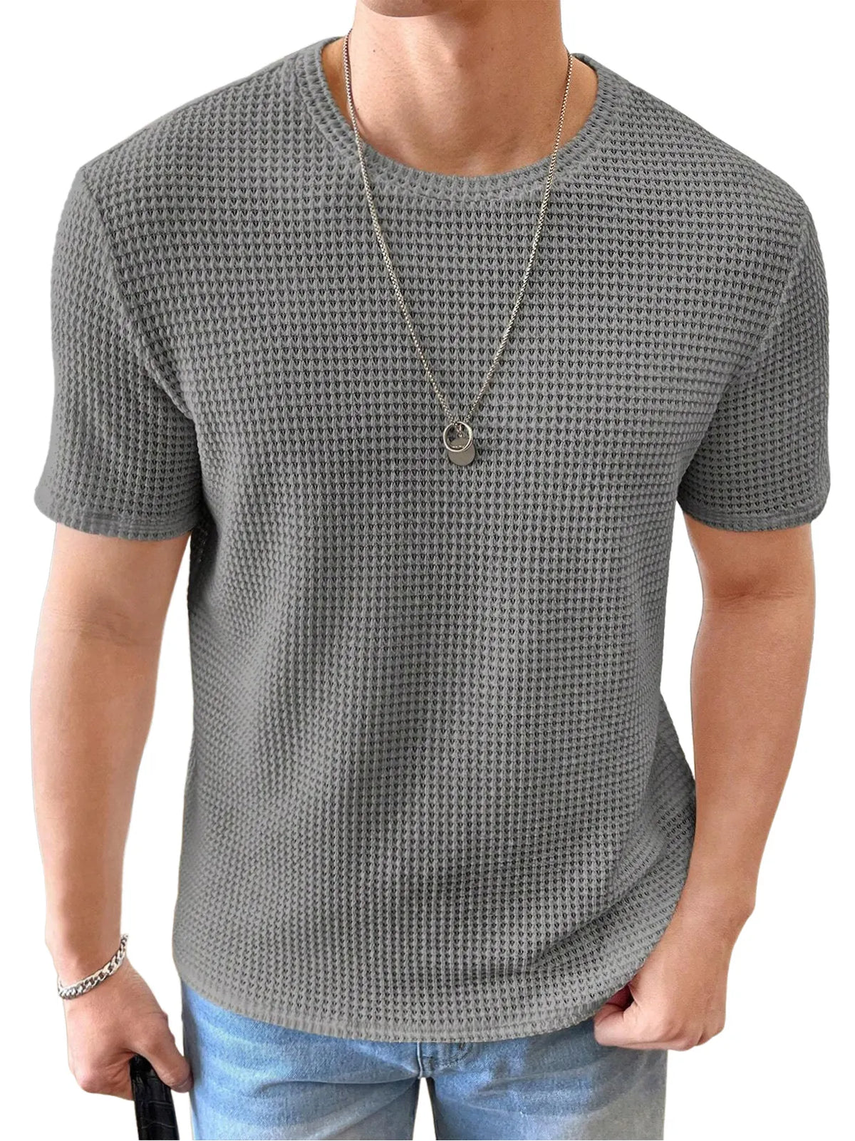 Men's Knitted Waffle Quality Casual Round Neck Short-sleeved T-shirt