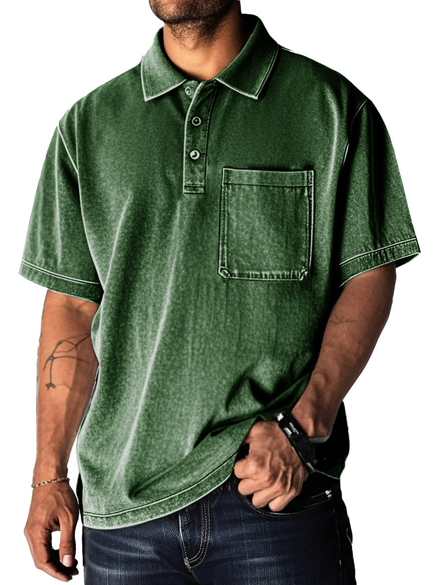 Men's Fashion Retro Distressed Pocket Short Sleeve Lapel Polo Shirt