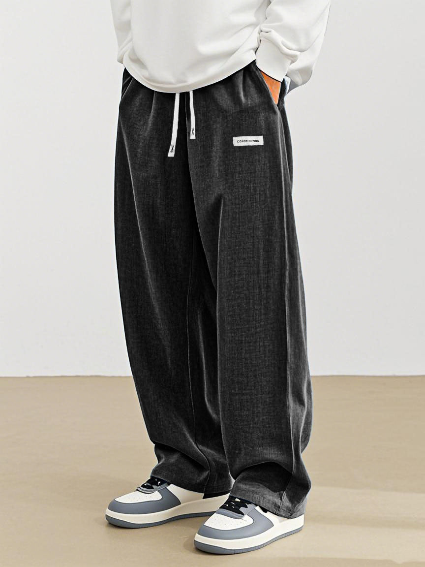 Men's Fashion Casual Everyday Hemp Fabric Pocket Embroidered Logo Loose Trousers