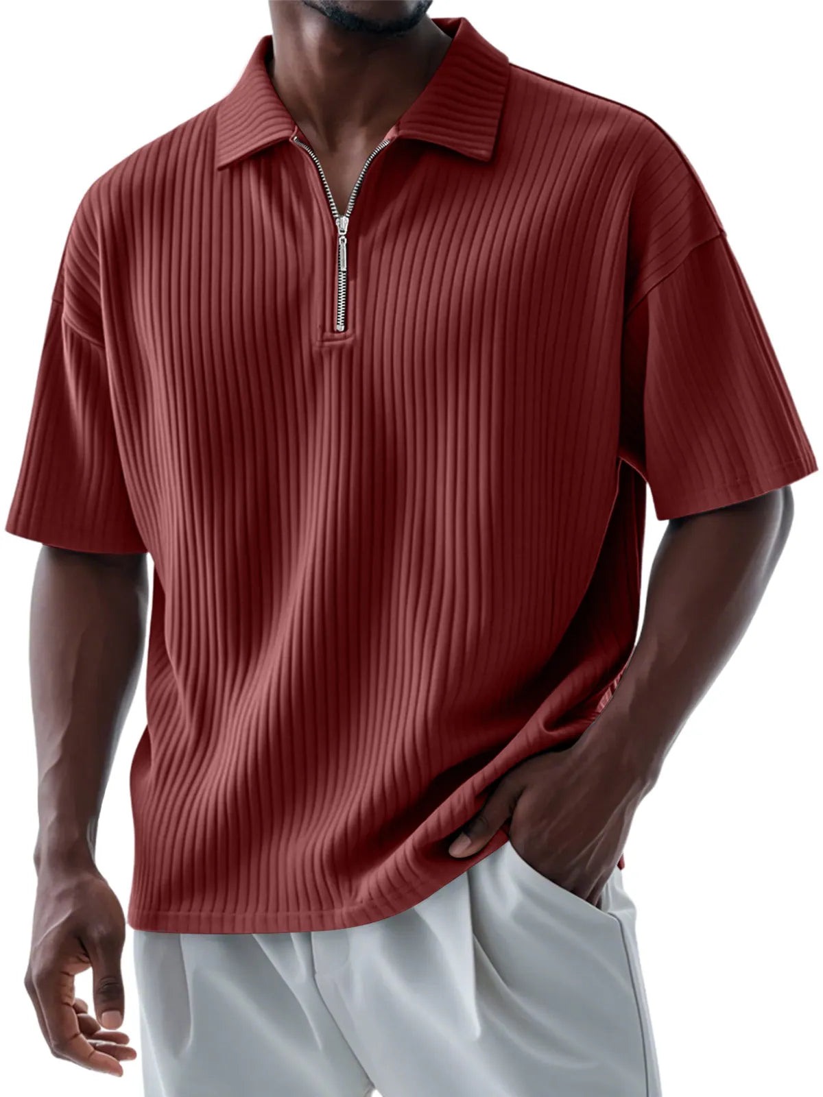 Men's Casual Daily Pitted Lapel Zipper Short-sleeved Polo Shirt