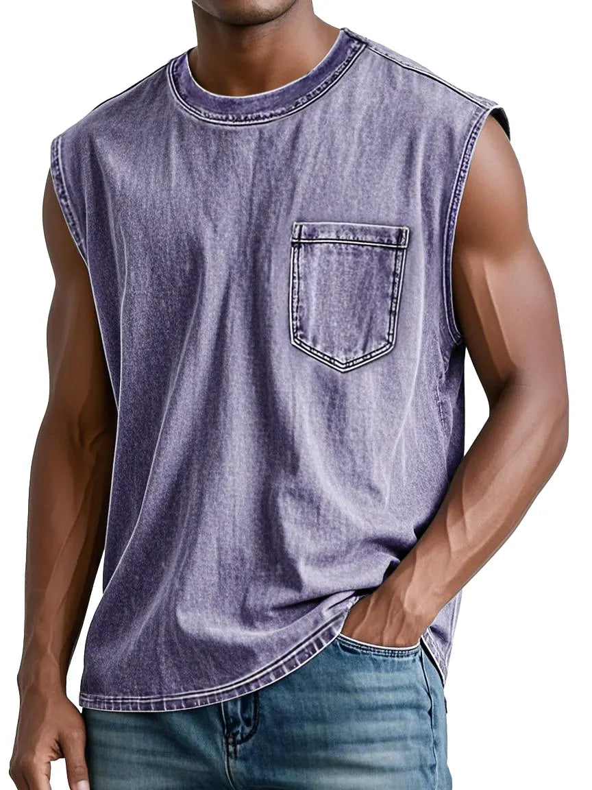 Men's Retro Washed Cotton Casual Round Neck Pocket Fashion Sleeveless Vest