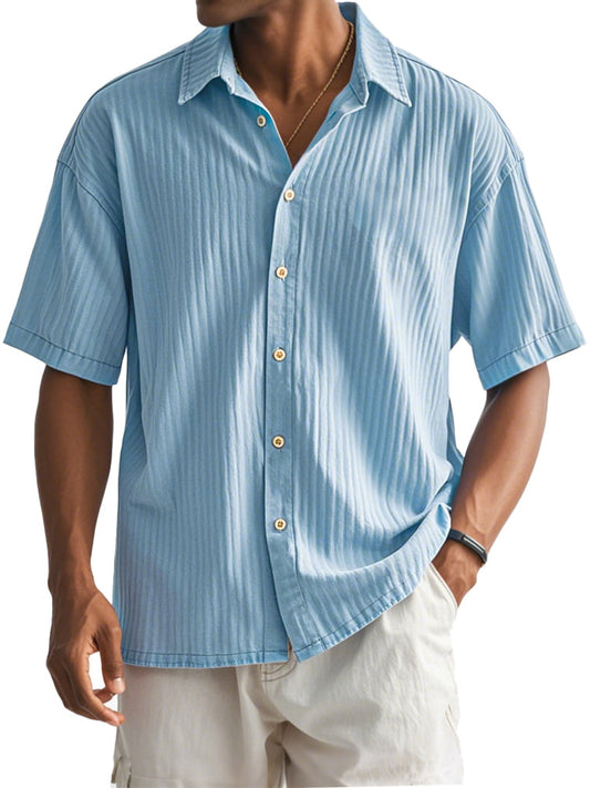 Men's Fashion Casual Ribbed Fabric Short-sleeved Lapel Shirt