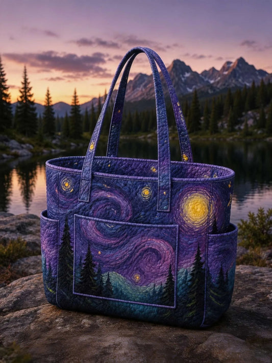 Starry Night Mountain Multiple Pockets Quilted Tote Bag