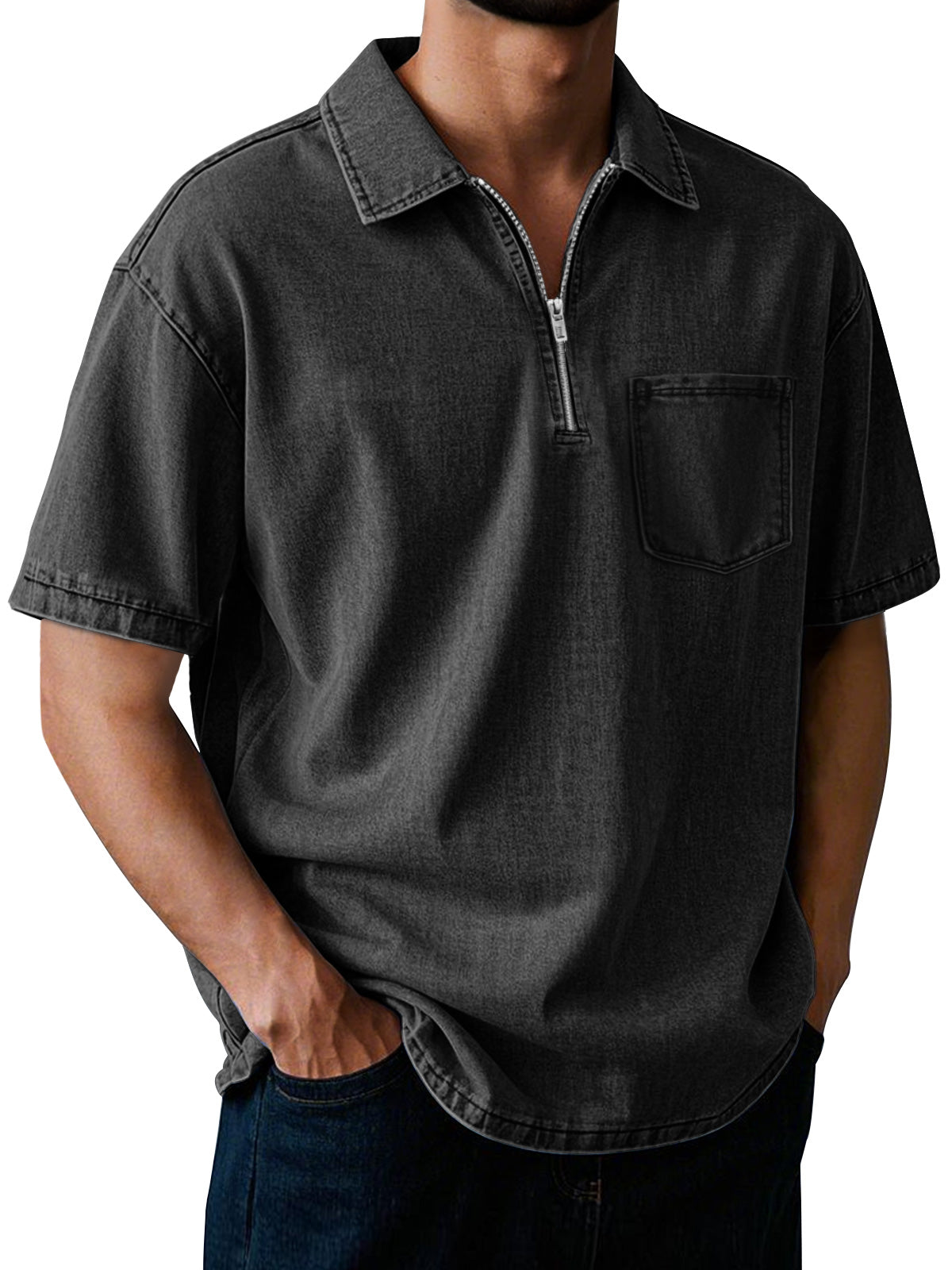 Men's Retro Lapel Zipper Pocket Casual Solid Color Short Sleeve POLO Shirt