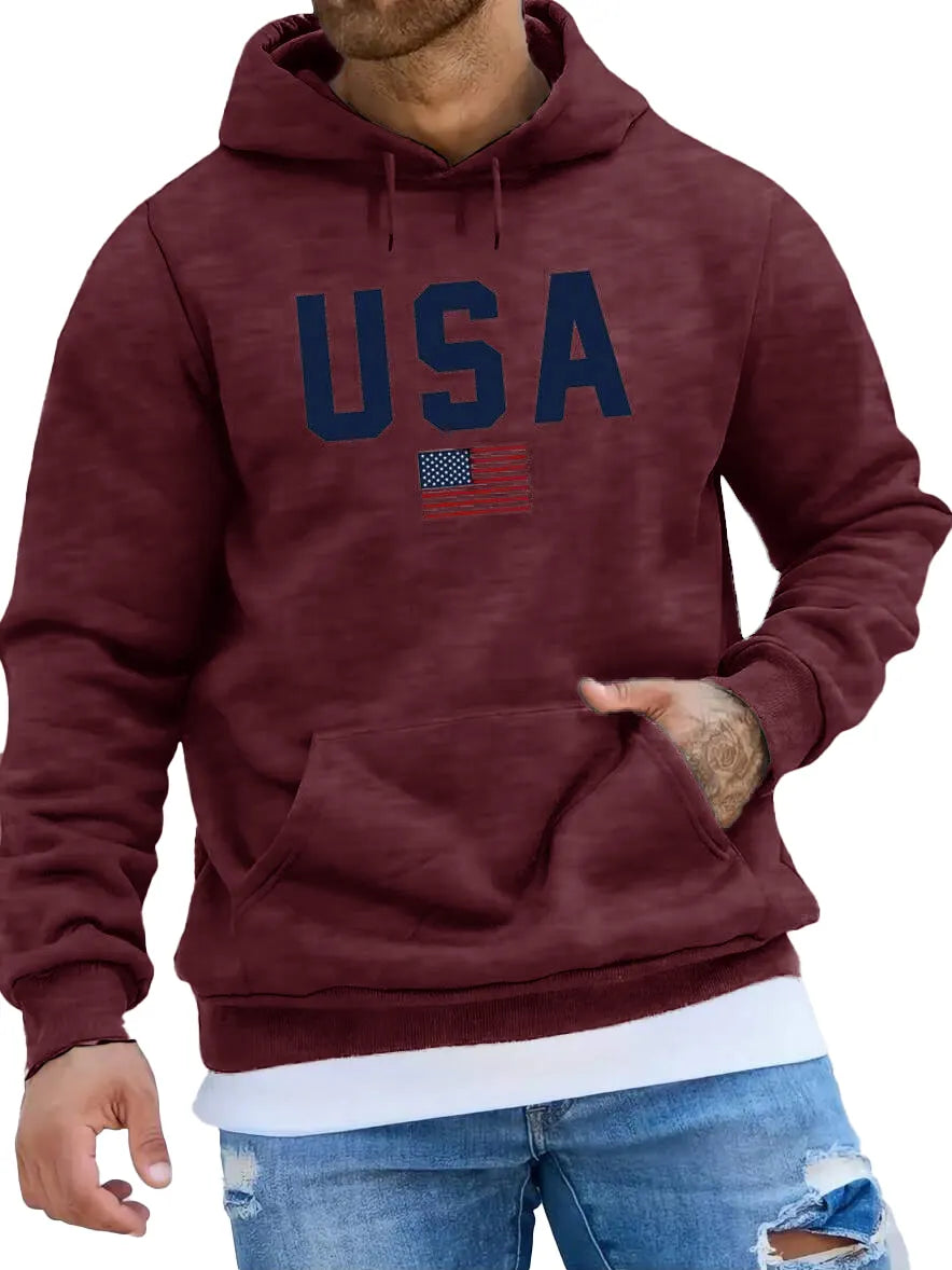 Men's Fashionable American Flag Print Pocket Long Sleeve Hoodie