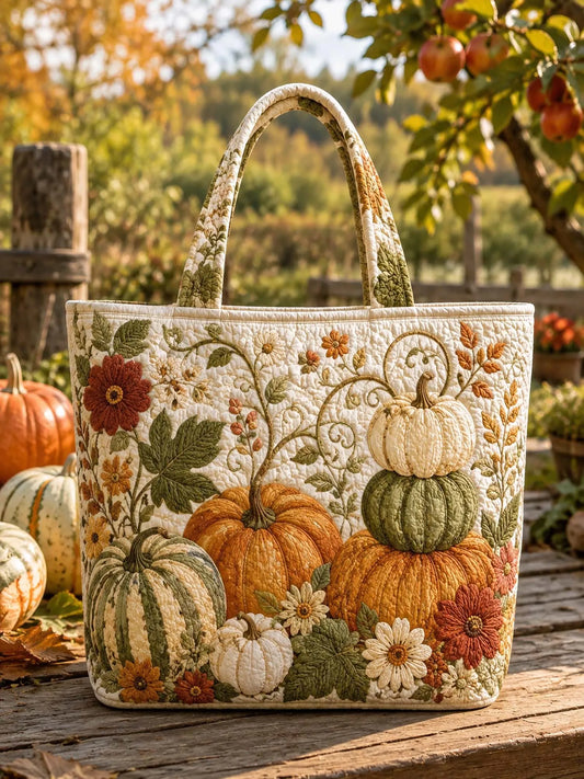Rustic Fall Patchwork Pumpkin Landscape Quilted Tote Bag