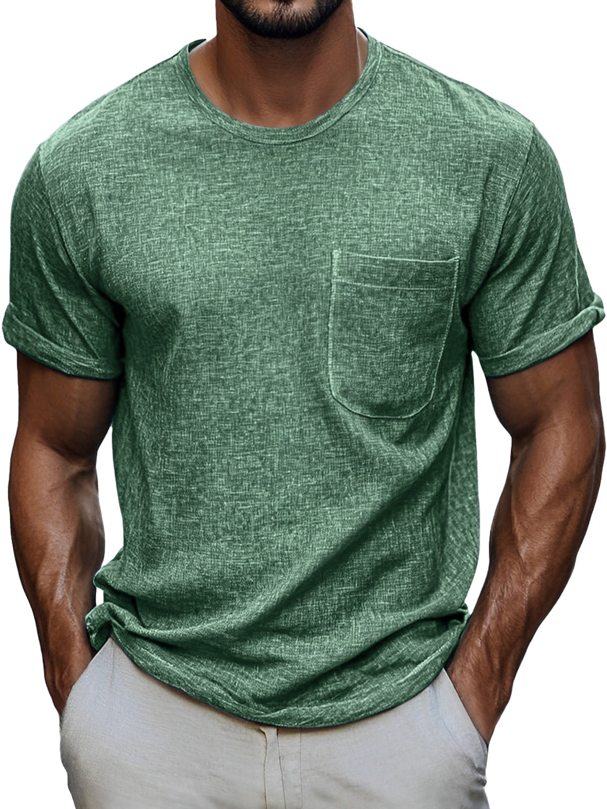 Men's Daily Round Neck Pocket Casual Comfortable Solid Color Short Sleeve T-shirt