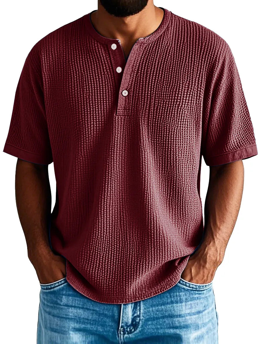 Men's Fashion Casual Pleated Fabric Short-sleeved Vintage Henley Shirt
