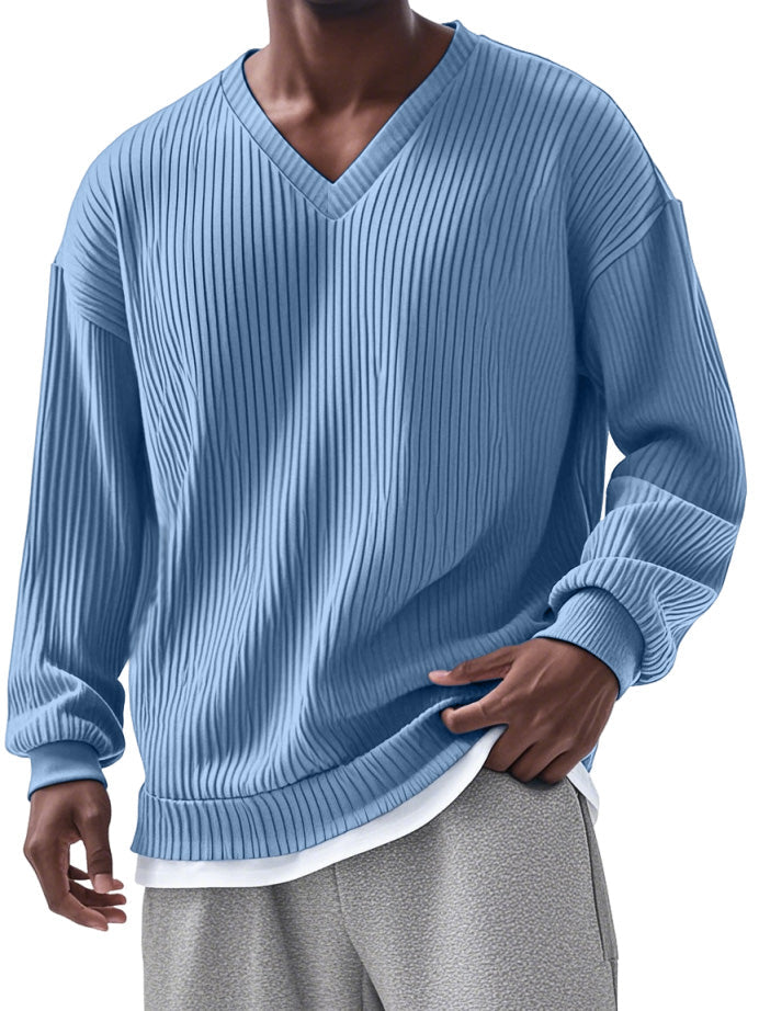 Men's Everyday Loose V-neck Vertical Long-sleeved T-shirt