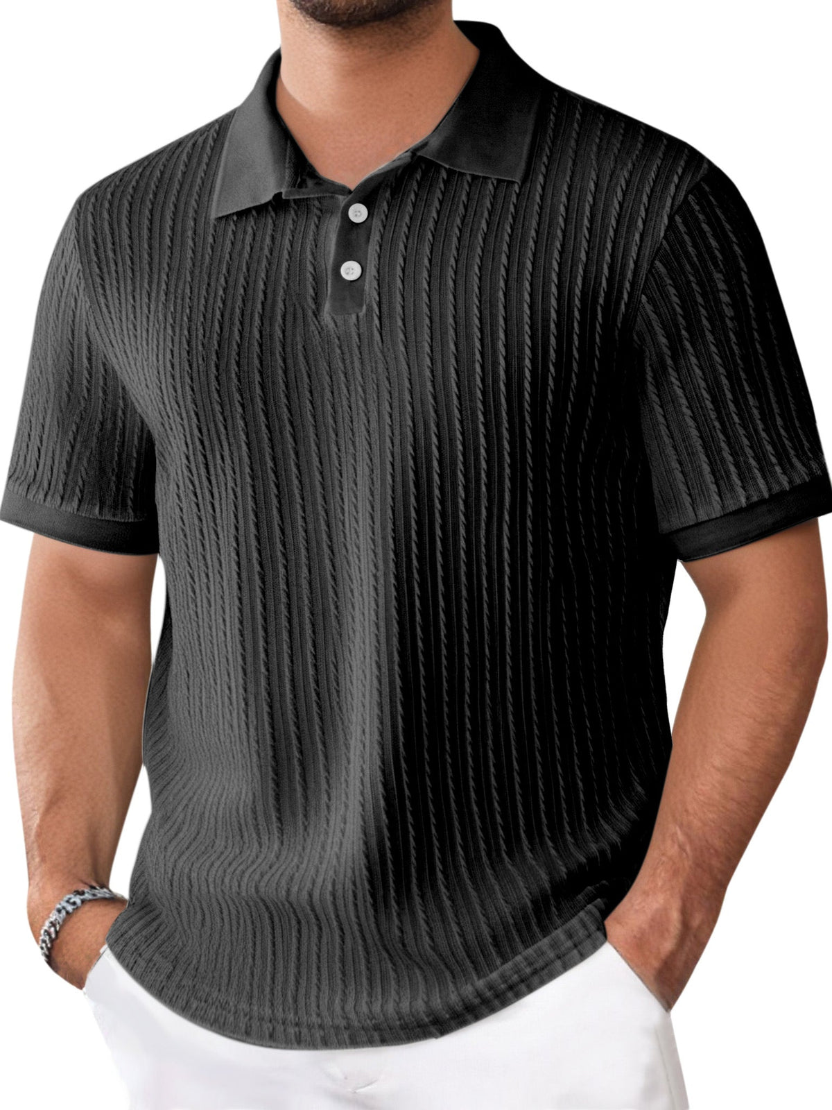 Men's Daily Solid Color Texture Short-sleeved Button-down Polo Shirt