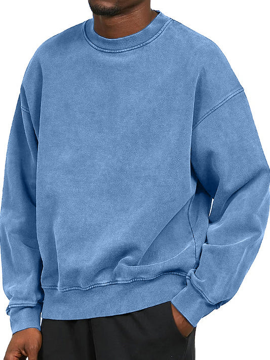 Men's Washed Distressed Cotton Basic Round Neck Long-sleeved Sweatshirt
