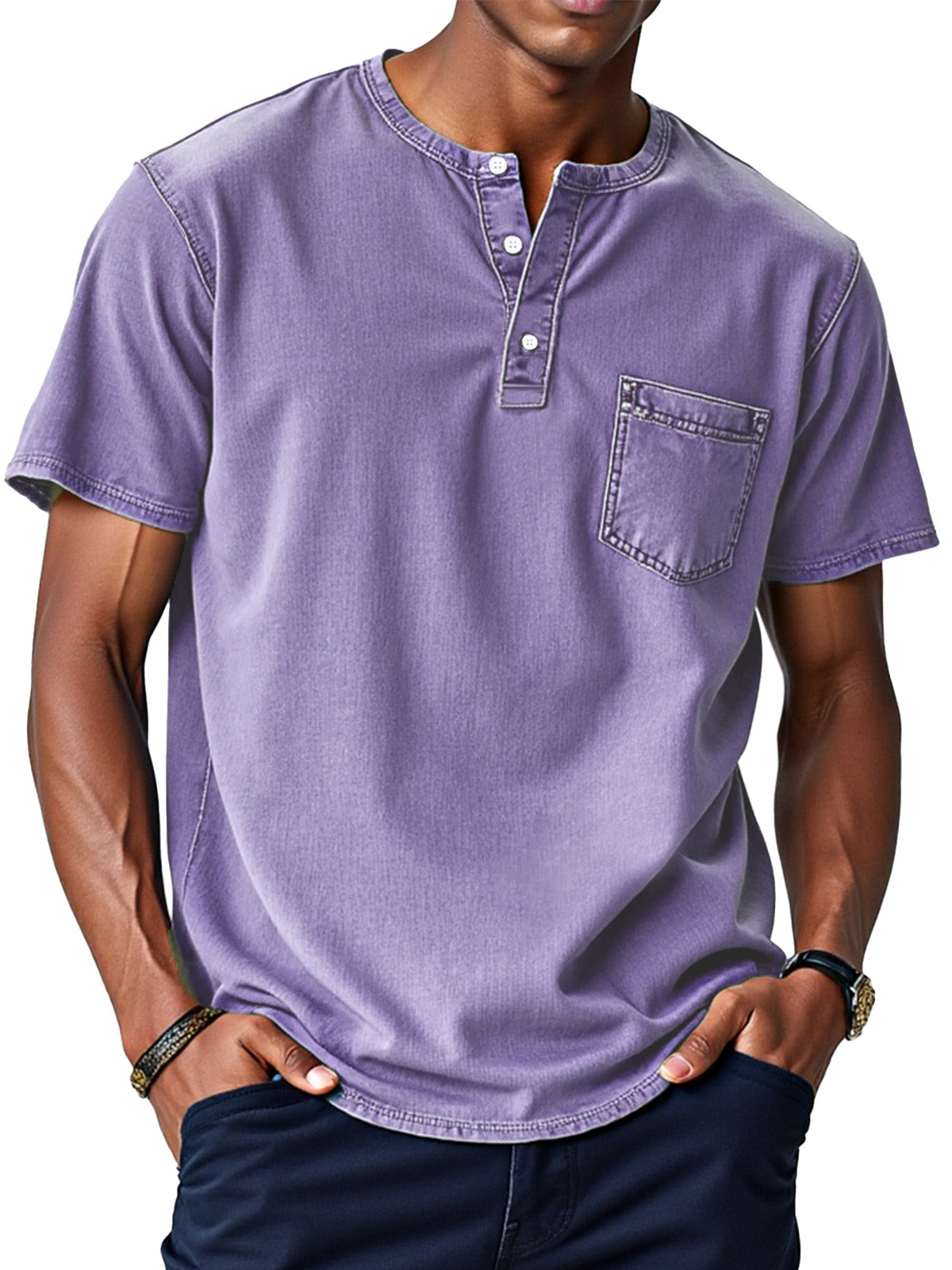 Men's Retro Solid Color Loose Button Stand Collar Short Sleeve Henley Shirt