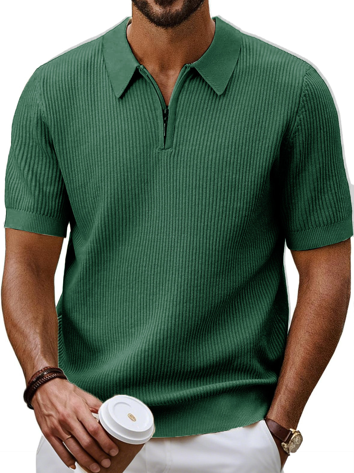 Men's Fashion Daily Casual Ripstop Fabric Zipper Short-sleeved Polo Shirt