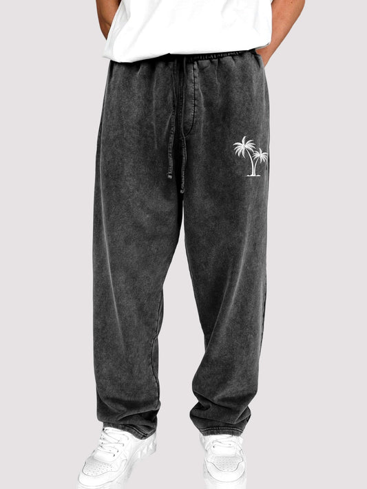 Men's Dyed Vintage Coconut Tree Printed Holiday Casual Elastic Waist Drawstring Trousers