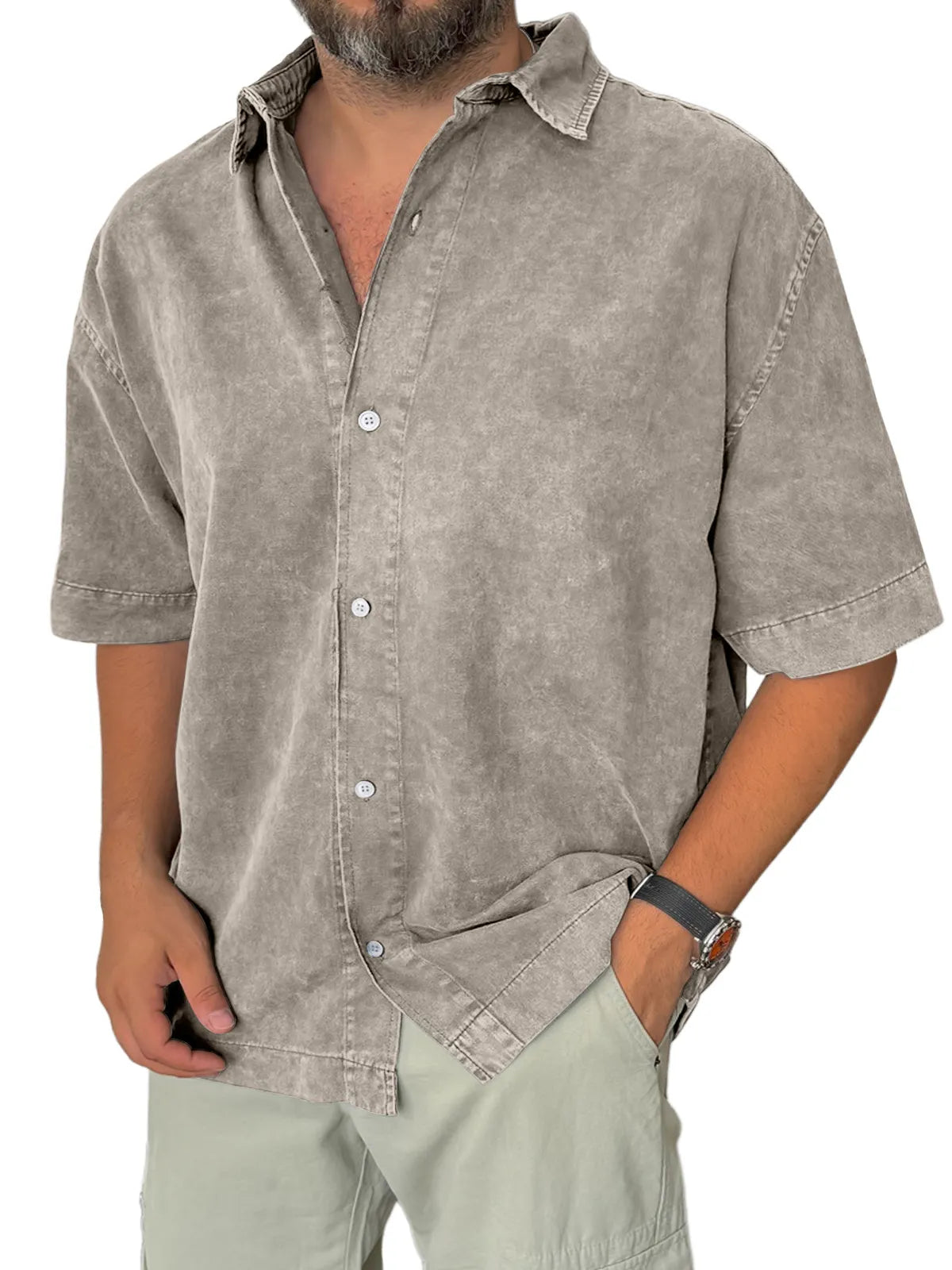 Men's Retro Everyday Casual Lapel Solid Color Short Sleeve Shirt