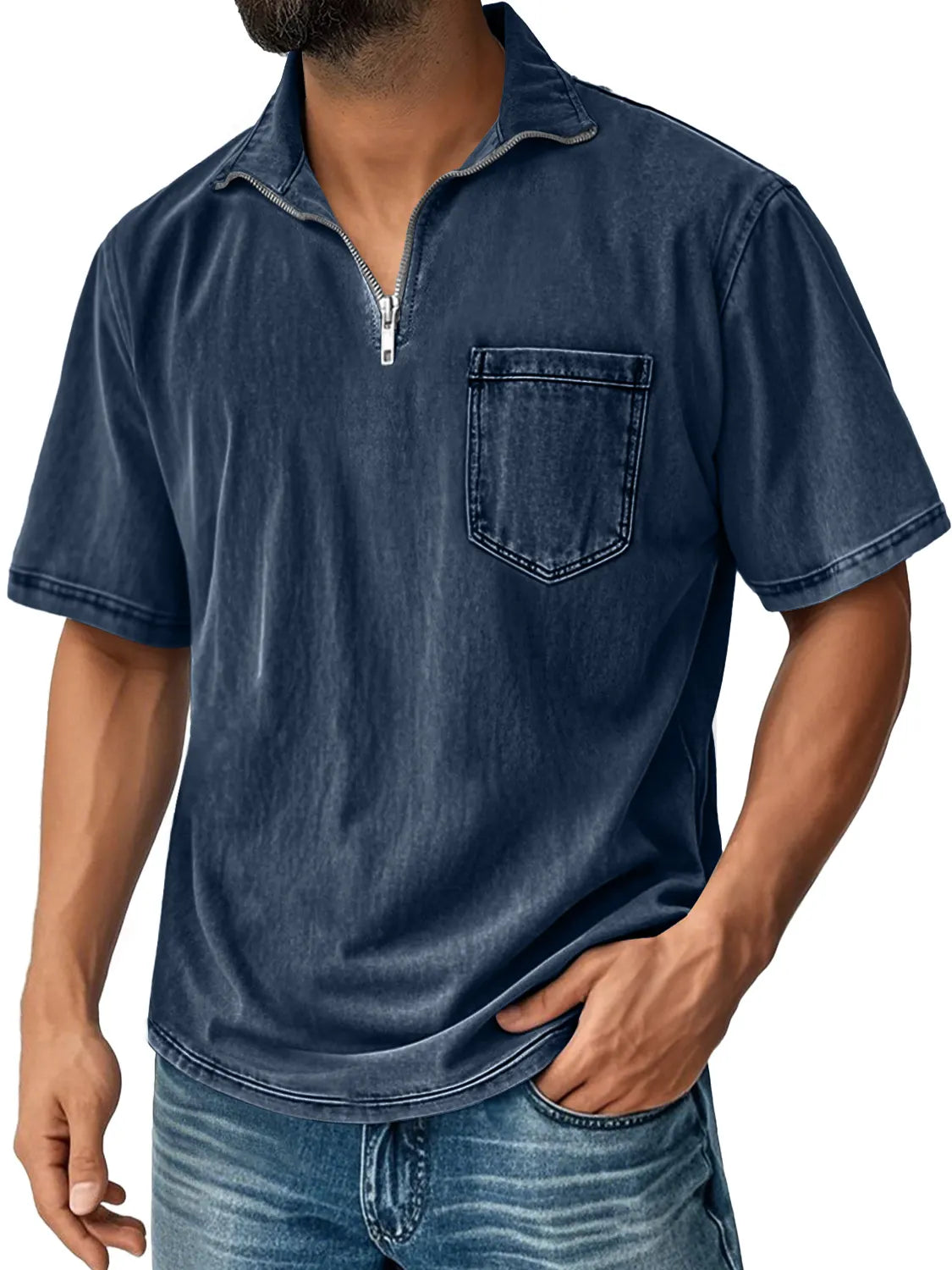 Men's Retro Stand Collar Zipper Casual Pocket Comfortable Short Sleeve T-shirt