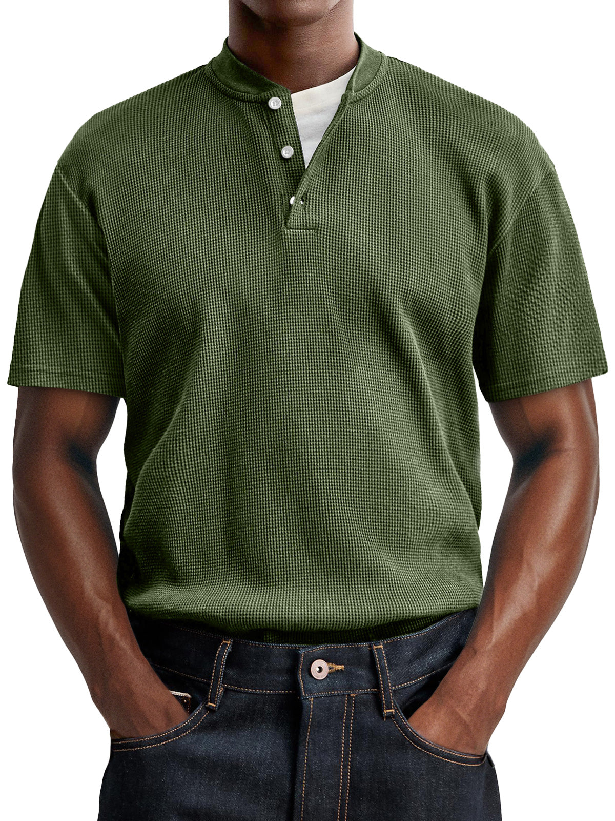 Men's Waffle Casual Button Up Comfort Short Sleeve Henley