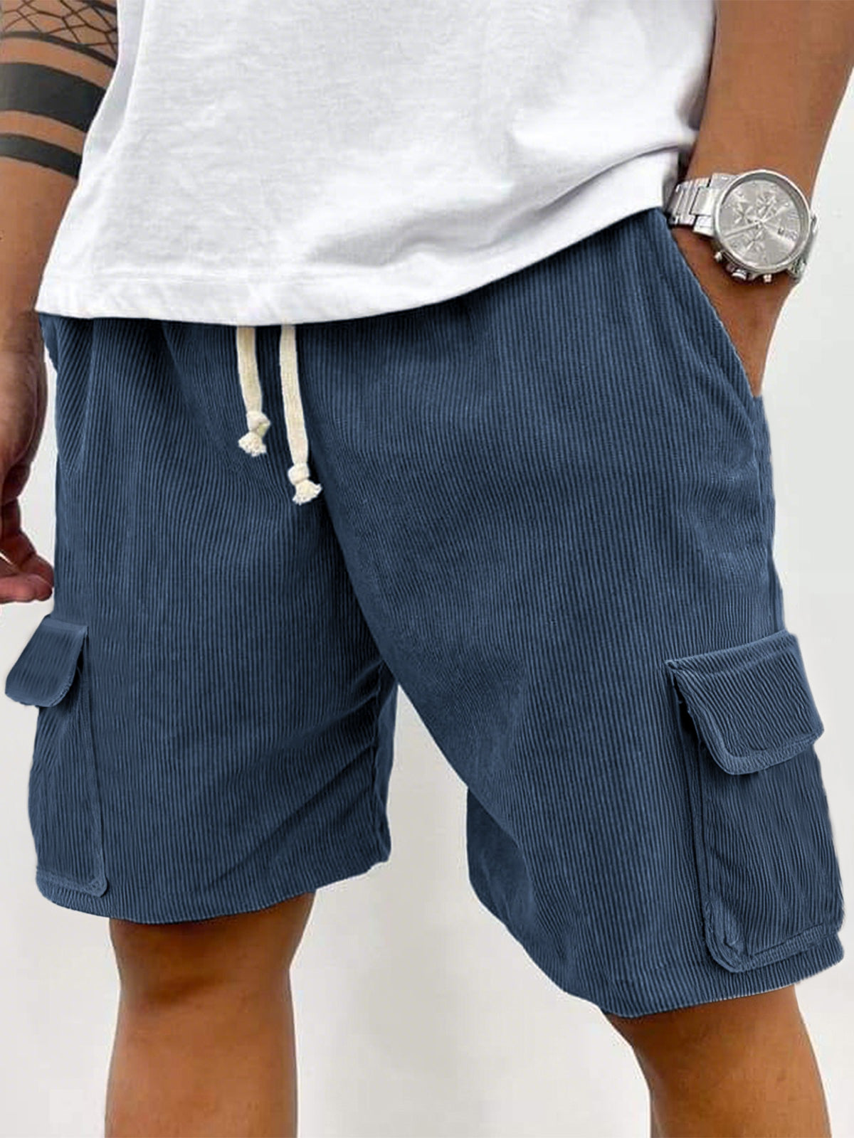 Men's Corduroy Stylish Multi-Pocket Lace Up Utility Casual Cargo Shorts