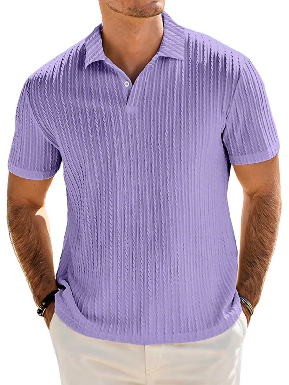 Men's Casual Solid Color Textured Lapel Button Short Sleeve Polo Shirt