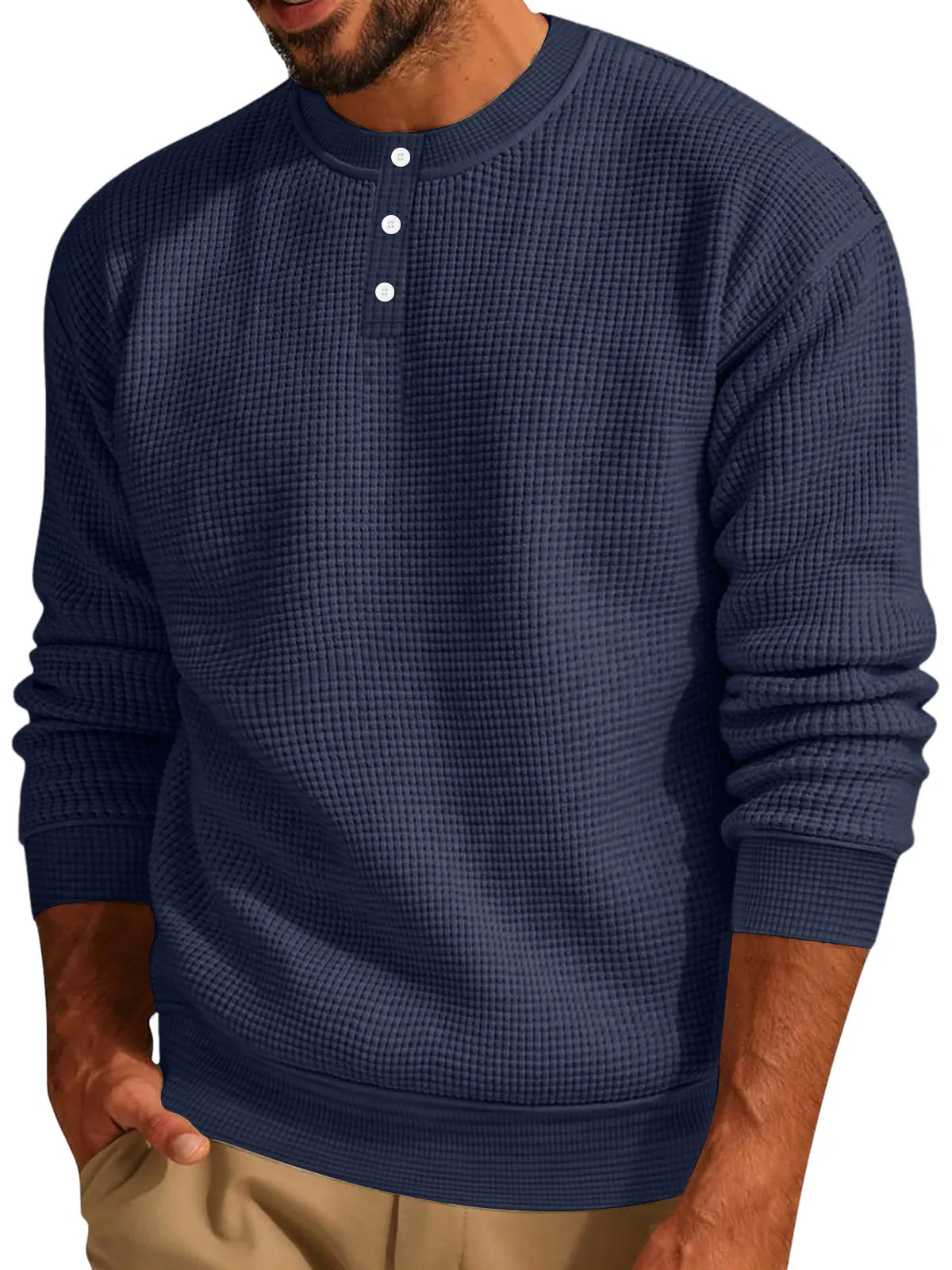 Men's Casual Waffle Solid Button Up Long Sleeve Henley