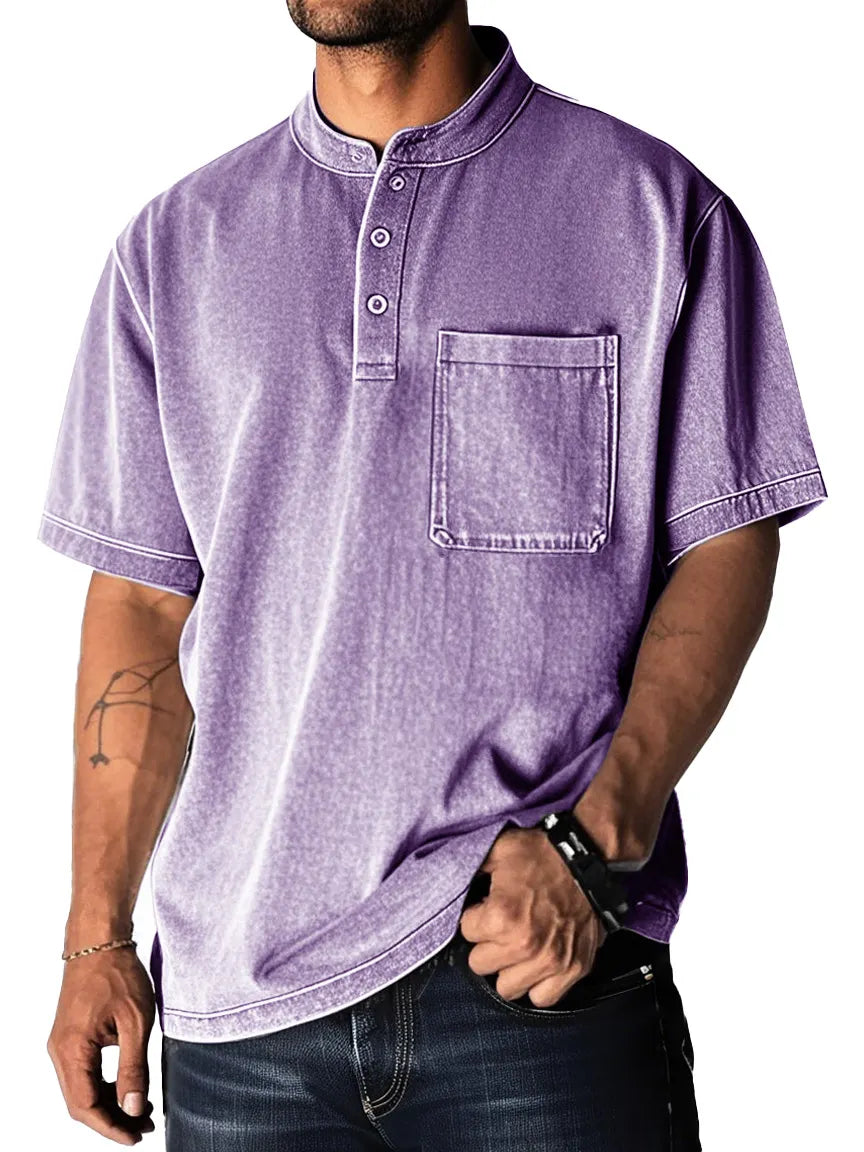 Men's Fashion Retro Distressed Pocket Short Sleeve Lapel Henley Shirt